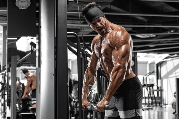 Muscular homem treino no ginásio fazendo exercícios para tríceps, fortes abdominais tronco nu masculino
 - Foto, Imagem