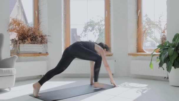Young fit sporty brunette girl with pigtail in gray top, black leggings does exercises on mat in bright room. Doing sports and fitness training at home. Healthy lifestyle. stretching, leaning forward - Filmati, video