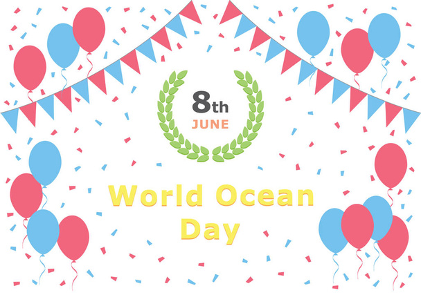 Día Mundial del Océano - 8 de junio - ilustración de la tarjeta postal de felicitación. Celebración festiva invitación al evento
. - Vector, imagen