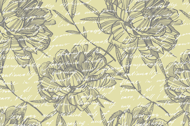 ピオニーの花と葉の絵。●手描きの花柄セット。植物のイラスト。入れ墨、招待状、グリーティングカードに最適です。手書きの抽象テキスト - ベクター画像