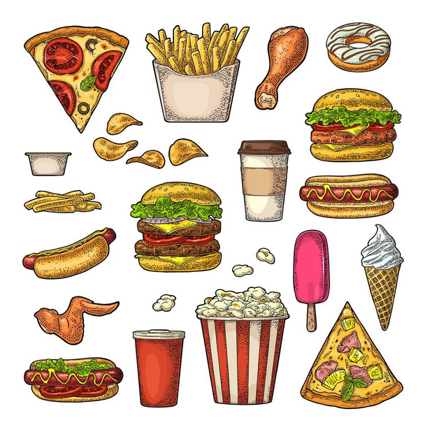 Ustaw fast food. Kawa, hamburger, pizza, hot dog, smażone ziemniaki, popcorn - Wektor, obraz