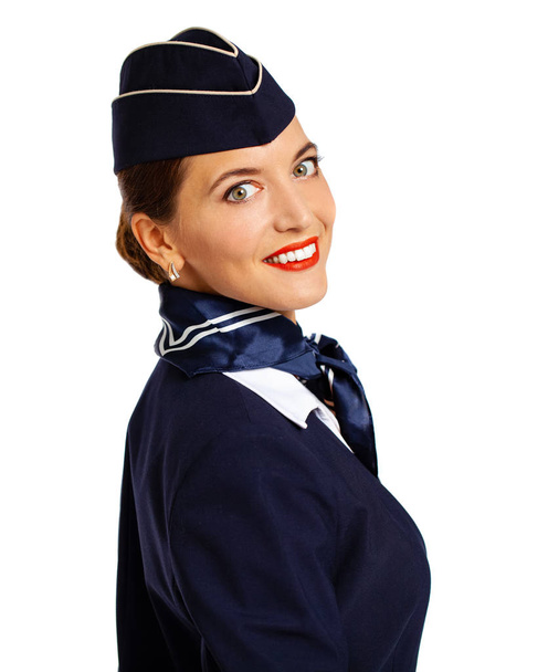Young beautiful Russian stewardess in blue uniform  - Valokuva, kuva