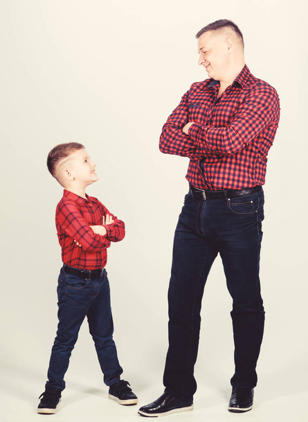 Best friends forever. Happiness being father of boy. Dad and adorable child. Parenthood concept. Fathers day. Father example of noble human. Cool guys. Father little son red shirts family look outfit - Foto, immagini