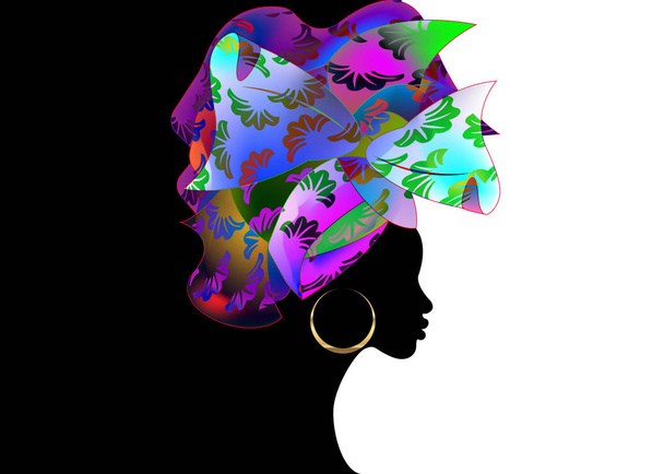 Afrykańska fryzura ślubna Owiń głowy Szablon, kolorowy szalik głowy, piękny portret Afro Kobieta w tradycyjnym krawacie głowy Szalik Turban, odzież Kente, Shenbolen Ankara głowy owija projekt tkaniny  - Wektor, obraz