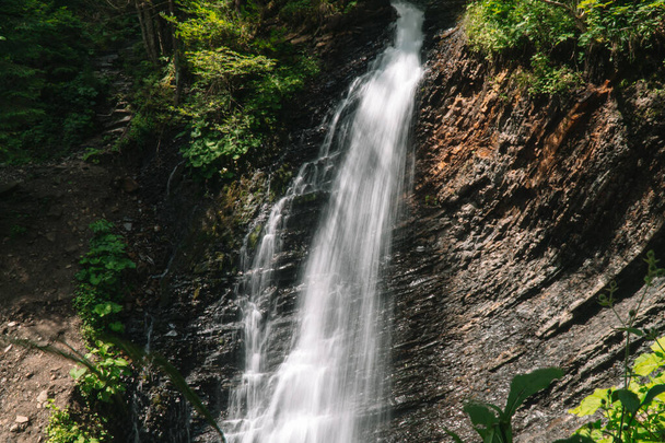 Beautiful waterfall in summer. A fast waterfall. View of the waterfall from below - Foto, afbeelding