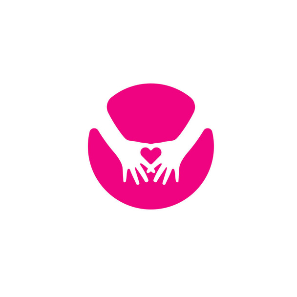 Logo opieki nad dziećmi, Little Hand Holding w dużej sylwetce dłoni w różowym tle koła - Wektor, obraz