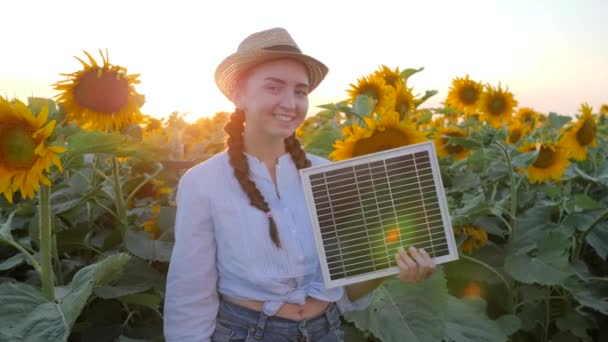 female shows symbol of approval in backlight keeps in hand solar battery, joyful girl hold solar panel near field of sunflowers - Footage, Video