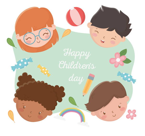 Día de los niños felices sonriendo los rostros de los niños con flores de lápiz balón arco iris. - Vector, imagen