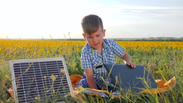 modern technology, child shows symbol of approval near solar array on background field, contemporary boy uses laptop - Footage, Video