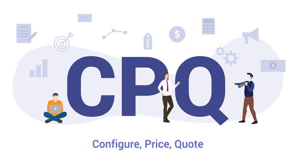 cpq configure price quote concept with big word or text and team people with modern flat style - vektor - Vektor, kép