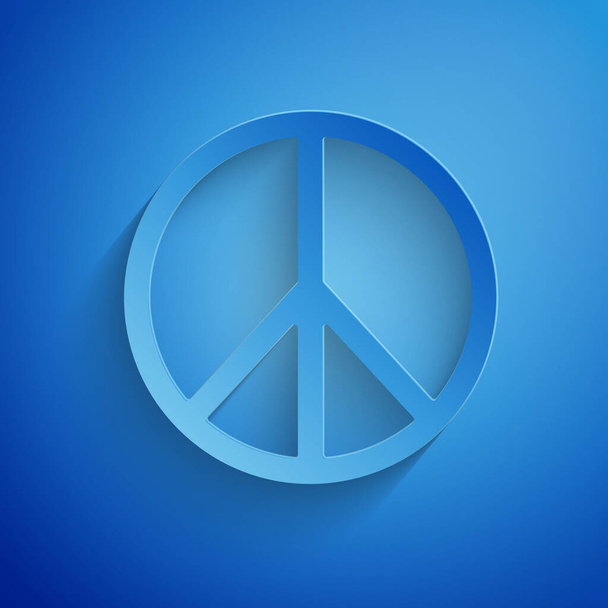 Το χαρτί έκοψε το εικονίδιο Ειρήνης απομονωμένο σε μπλε φόντο. Χίπη σύμβολο της ειρήνης. Στυλ χάρτινης τέχνης. Εικονογράφηση διανύσματος - Διάνυσμα, εικόνα