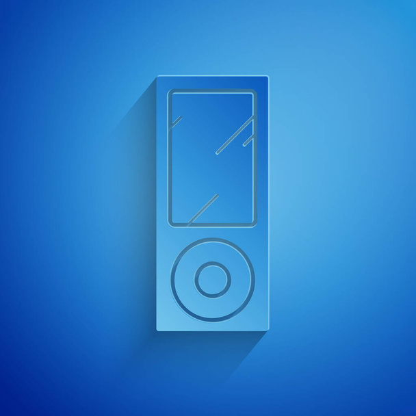 Paper cut Music player icon isolated on blue background. Portable music device. Paper art style. Vector Illustration - Wektor, obraz