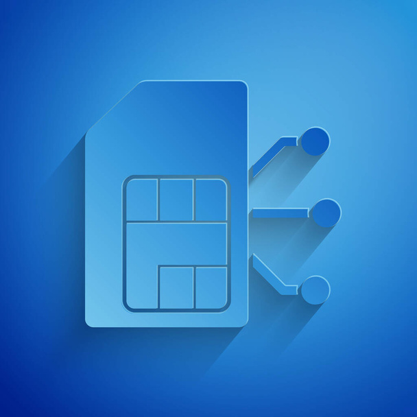 Paper cut Sim card icon isolated on blue background. Mobile cellular phone sim card chip. Mobile telecommunications technology symbol. Paper art style. Vector Illustration - Vector, Image