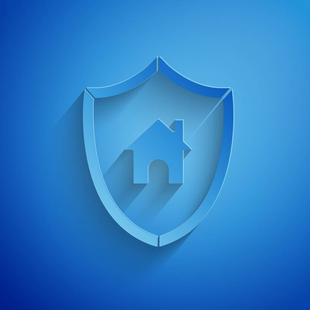 青の背景にシールドアイコンで切り取られた紙の家。保険の概念。セキュリティ、安全性、保護、保護の概念。紙のアートスタイル。ベクターイラスト - ベクター画像