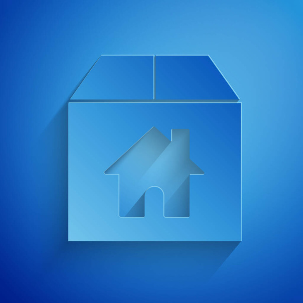 Caja de cartón de corte de papel con icono de símbolo de la casa aislado sobre fondo azul. Caja, paquete, signo de paquete. Entrega, transporte y envío. Estilo de arte de papel. Ilustración vectorial
 - Vector, imagen