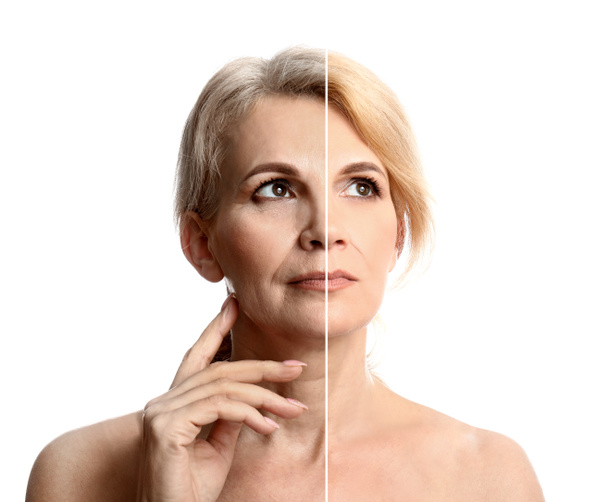 Porovnávací portrét ženy středního věku na bílém pozadí. Proces stárnutí - Fotografie, Obrázek