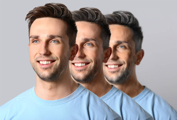 Σύγκριση πορτρέτο του ανθρώπου σε γκρι φόντο. Διαδικασία γήρανσης - Φωτογραφία, εικόνα