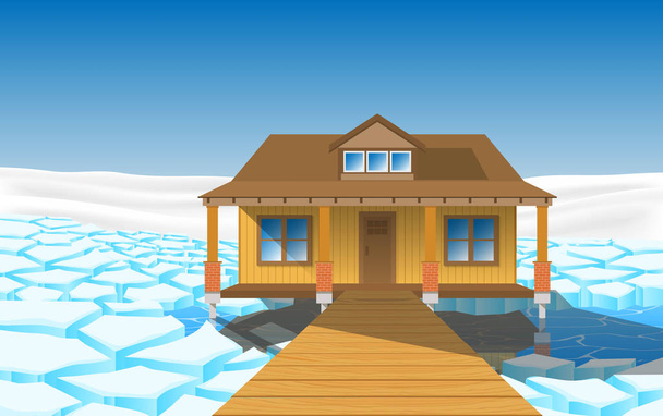 北極の氷河の上にある木造の家は - ベクター画像