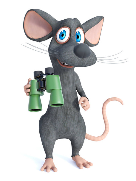 3D-Darstellung einer Cartoon-Maus mit Fernglas. - Foto, Bild