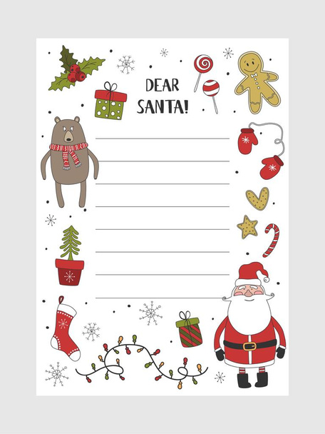Cartoon Christmas wish christmas items. A letter to Santa Claus template. Christmas background with a place for Christmas gifts for Santa wish list. Vector illustration. - Вектор,изображение