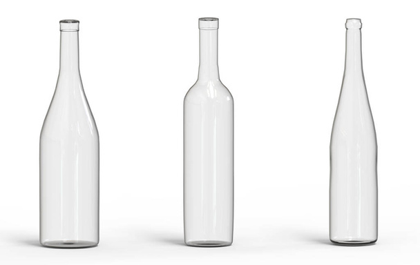 Renderowanie 3D. puste przezroczyste szkło butelki wina ze ścieżką wycinania izolowane na białym tle. - Zdjęcie, obraz