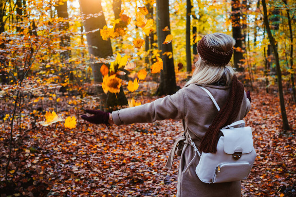 Woman throwing autumn leaves into the air. Carefree, happiness concept. Scenic fall park - Foto, Imagem