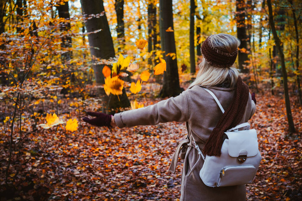 Mujer lanzando hojas de otoño al aire. Sin preocupaciones, concepto de felicidad. Parque de otoño escénico
 - Foto, Imagen