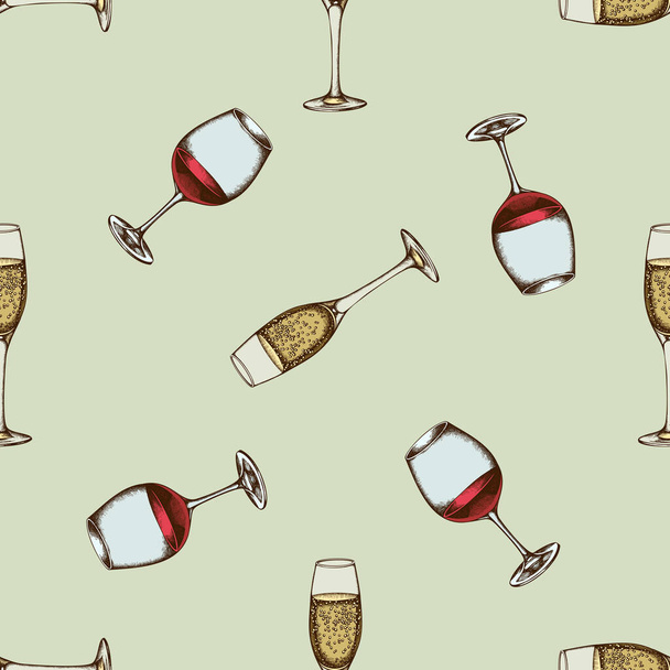 Motif sans couture avec verre de champagne coloré dessiné à la main, verre de vin
 - Vecteur, image
