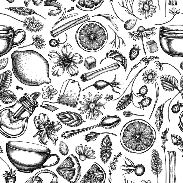Seamless pattern with black and white cinnamon, lemons, oranges, tea bag, sugar cubes, heather, chamomile, dog rose, peppermint, almond, strawberry, teaspoon, teapots, cups, sugar bowl - Vector, Image
