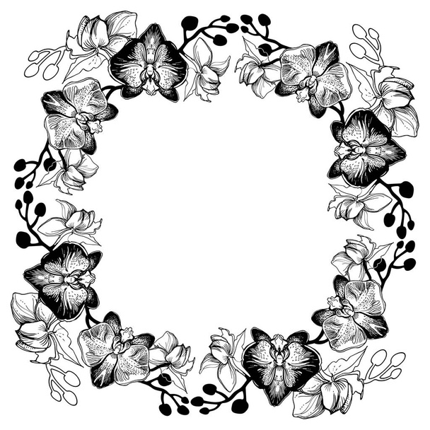 Monochrome vector illustration of hand drawn floral wreath. - Διάνυσμα, εικόνα
