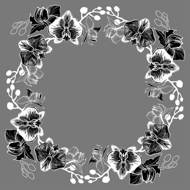 Monochrome floral wreath isolated on grey. - Vector, imagen