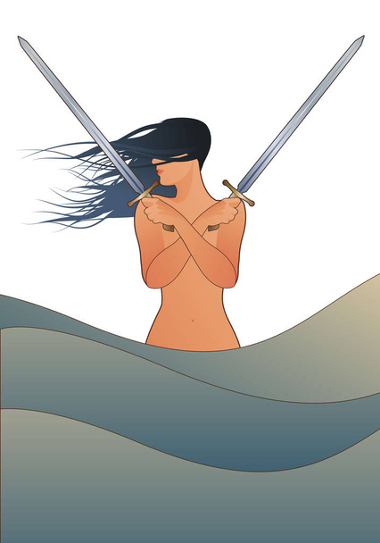 Rüzgâr saçlı kadın göğsünde iki kılıç çaprazladı ve deniz dalgalarına daldı. - Vektör, Görsel