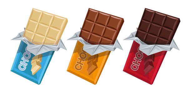 Čokoláda. Mléko, bílá a tmavá čokoláda. Slazený blok vyrobený z pražených a mletých kakaových semen. Čokoládová tyčinka. Cukrárna. Sada mléčných, bílých a tmavých čokoládových výrobků.Vektorová grafika - Vektor, obrázek