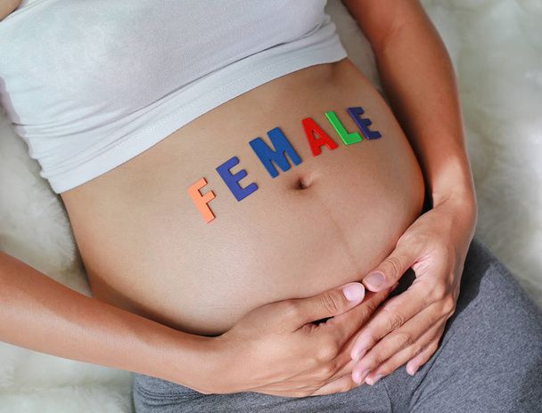 Close up Pregnant woman sitting on soft sofa and touching her belly with sign FEMALE in front of her belly. - Fotografie, Obrázek