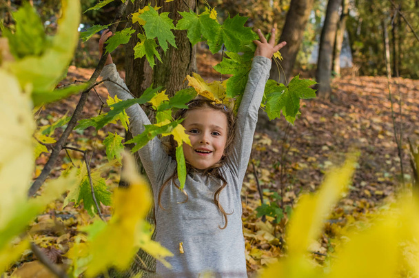 Little charming girl child throws up fallen yellow maple leaves in autumn park - Φωτογραφία, εικόνα