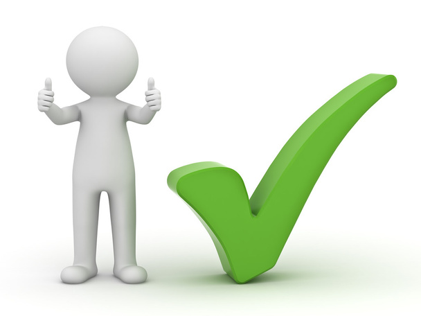 3d man showing thumbs up with green check mark on white - Photo, Image