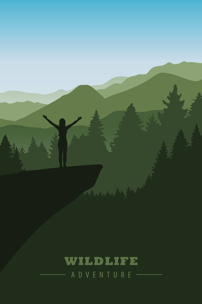 Девушка с поднятыми руками на скале в зеленой лесной горе
 - Вектор,изображение