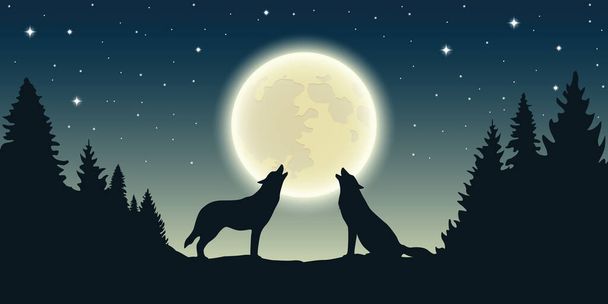 two wolves howl at the full moon in forest landscape - Vector, Image