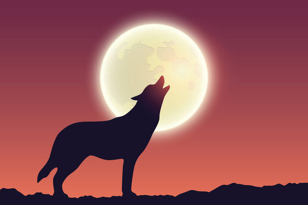 wolf howls at full moon silhouette - Vector, Image