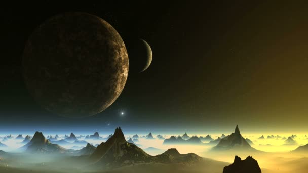 Два місячних і Ufo Group. Над горами в темному зоряному небі є дві великі планети. Яскраві блакитні об'єкти (Ufo) з'являються з глибин космосу і швидко літають по небу. Гора в тумані. - Кадри, відео