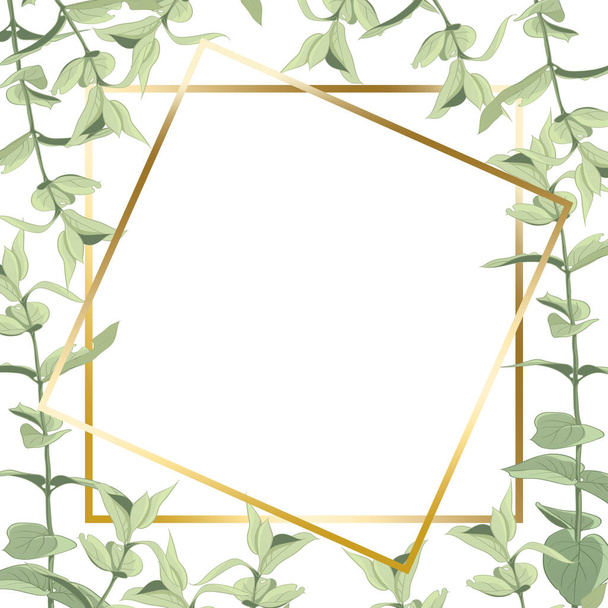 A delicate frame of leaves and branches drawn in digital graphics. Green leaves located on a white background. - Fotó, kép