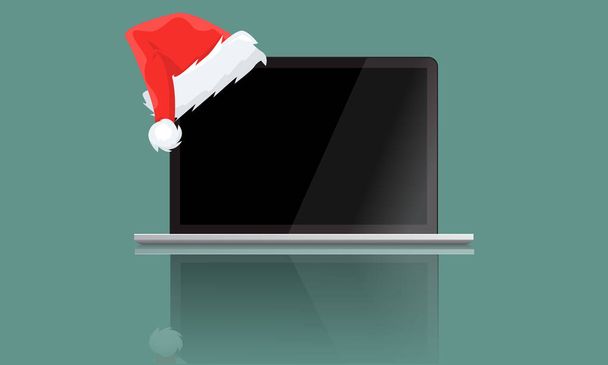 Grande computer portatile realistico con cappello o cappello di Babbo Natale per il nuovo anno. Illustrazione vettoriale
. - Vettoriali, immagini