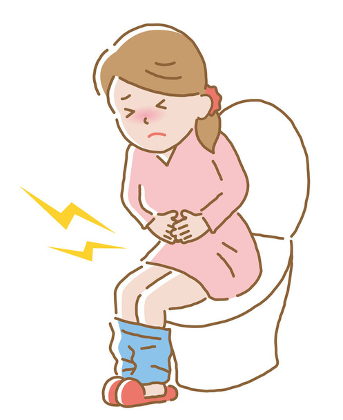 vrouw die buikpijn heeft op de toiletbril. Diarree, obstipatie, en menstruatiepijn symptomen. Gezondheidszorgconcept - Vector, afbeelding