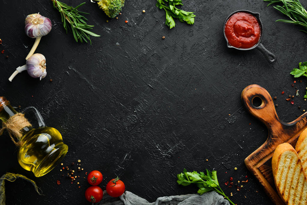 Food banner. Vegetables and spices. Top view. Free copy space. - Fotó, kép