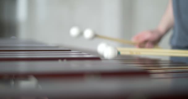 schöner Mann spielt Marimba im grauen Outfit mit grauem industriellem Hintergrund - Filmmaterial, Video