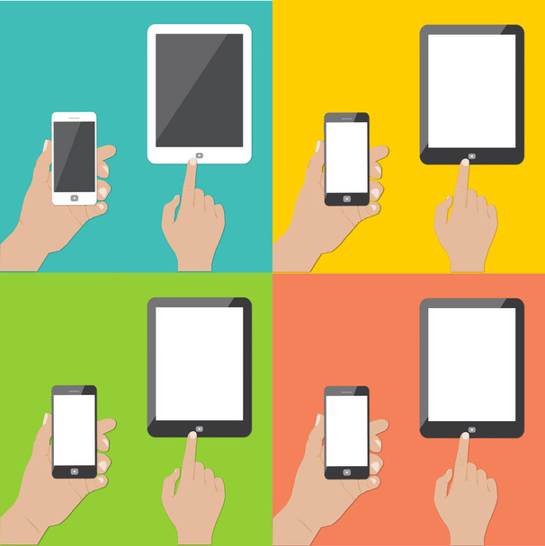 Ensemble de téléphones et tablettes dans les mains
  - Vecteur, image