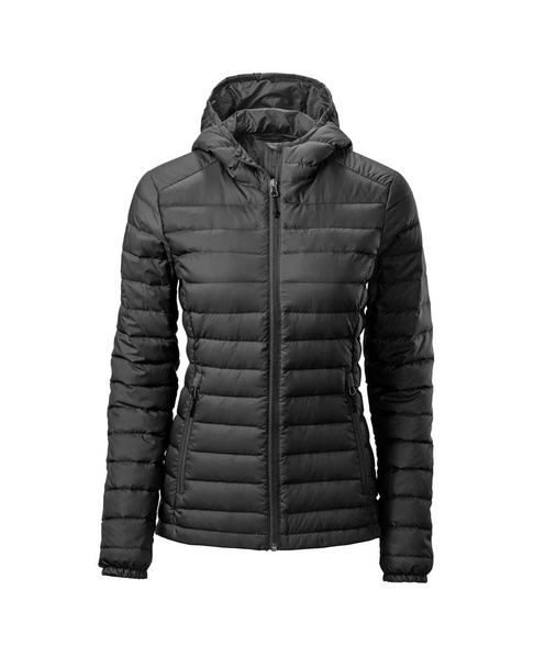 Women's black hooded warm sport puffer jacket isolated over white background. Ghost mannequin photography - Photo, Image