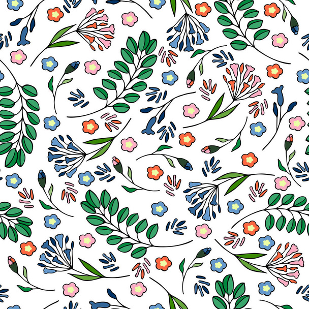 seamless pattern of tropical leaves with flowers, vector, illustration - Vektör, Görsel