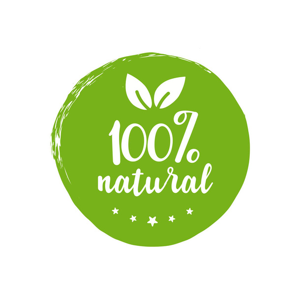 100 percent natural, round label green stamp, natural product symbol, vector illustration isolated on white background - Vector, Image