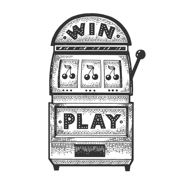 Slot machine gambling device sketch engraving vector illustration. Casino object. Scratch board imitation. Black and white hand drawn image. - Vektor, Bild